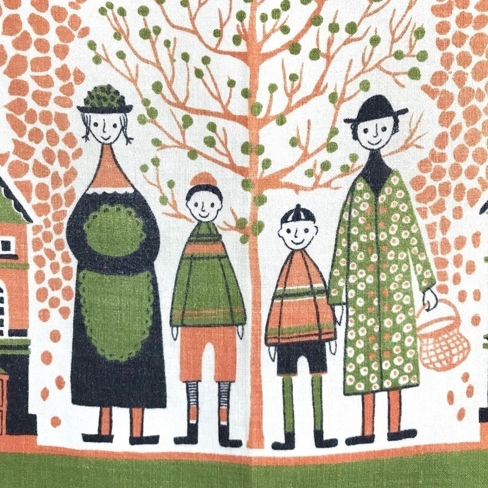 Vintage 1950s Swedish Tea Towel Family Outdoor Scene Wall Hanging